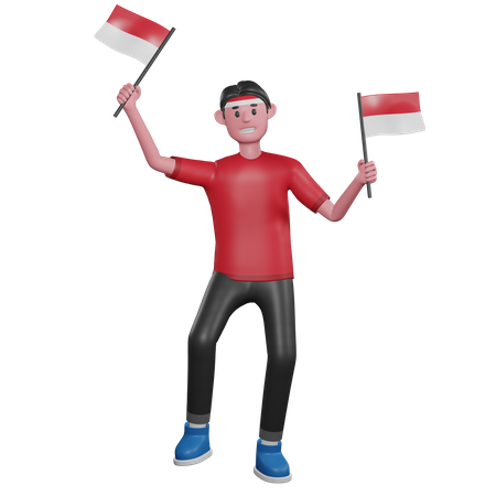 Hombre indonesio sosteniendo banderas  3D Illustration
