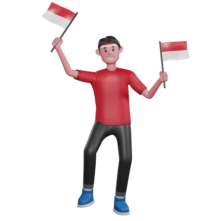 Personaje 3 D Del Hombre De Indonesia Sosteniendo 2 Banderitas Con Alegria 3D Illustration