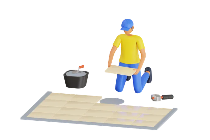 Hombre instalando baldosas de cerámica  3D Illustration