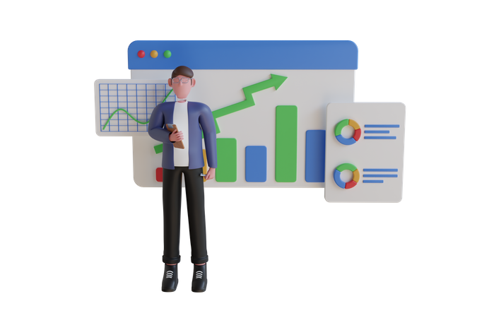 Hombre investigando un tablero de negocios con gráficos e infografías  3D Illustration