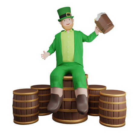 Hombre irlandés sentado en un barril de cerveza  3D Illustration