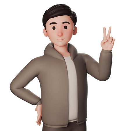 Hombre joven vestido de marrón haciendo la pose de la paz con ambas manos 3D Icon