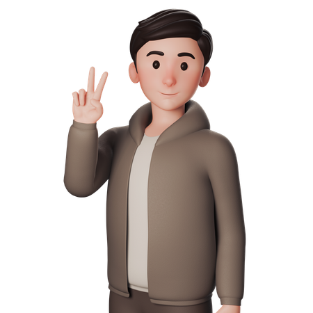 Hombre joven vestido de marrón haciendo la pose de la paz con la mano derecha  3D Icon