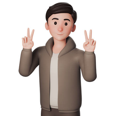 Hombre joven vestido de marrón haciendo la pose de la paz con la mano izquierda  3D Icon