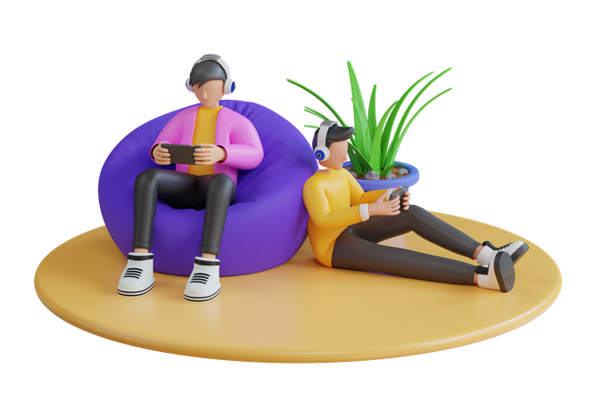Hombre jugando en Playstation mientras está sentado en el sofá  3D Illustration