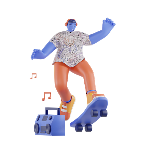 Hombre jugando patinetas mientras escucha música  3D Illustration