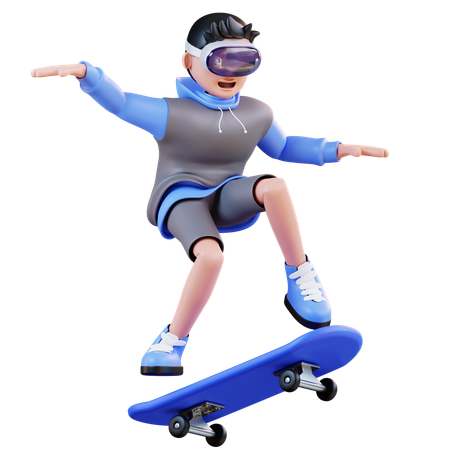 Hombre jugando patineta en realidad virtual  3D Illustration