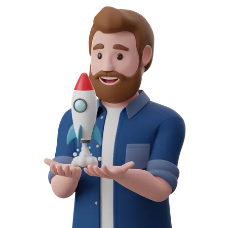 Hombre lanzando startup  3D Illustration