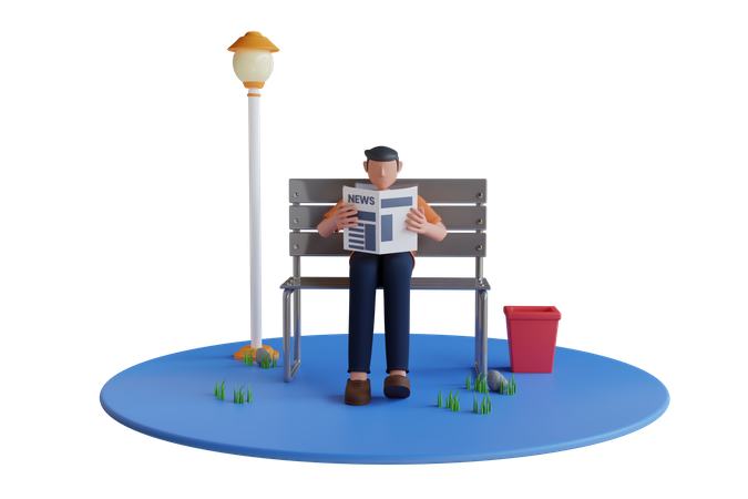 El hombre leyó el periódico en el parque  3D Illustration