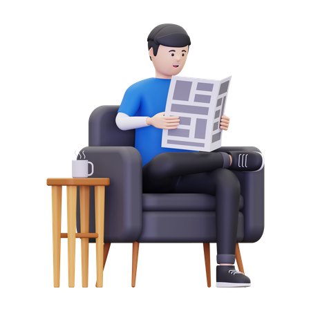 Hombre leyendo el periódico mientras toma café  3D Illustration