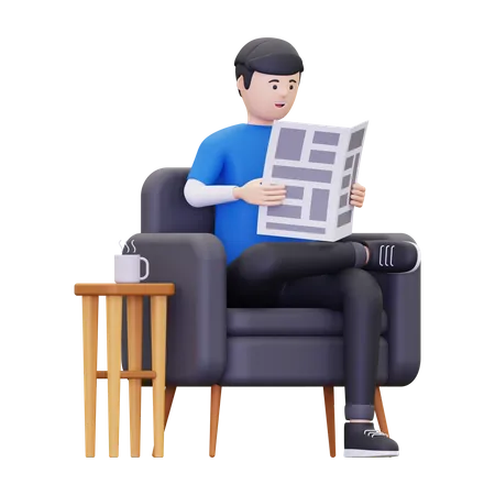 Hombre leyendo el periódico mientras toma café  3D Illustration