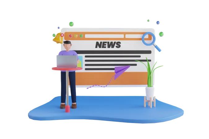 Hombre leyendo noticias en línea  3D Illustration