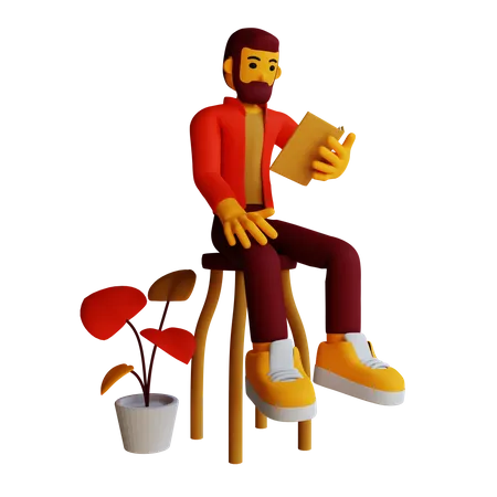Hombre leyendo mientras está sentado en la mesa  3D Illustration
