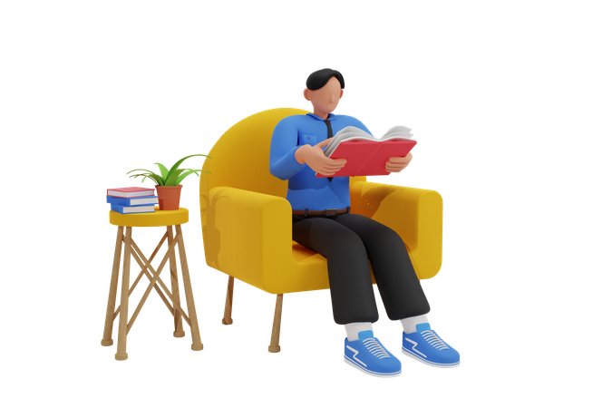 Hombre leyendo un libro en el sofá  3D Illustration