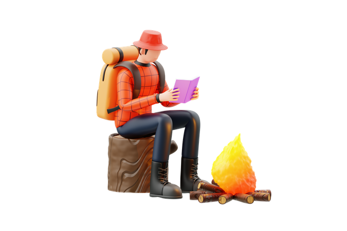 Hombre leyendo un libro junto a la fogata  3D Illustration