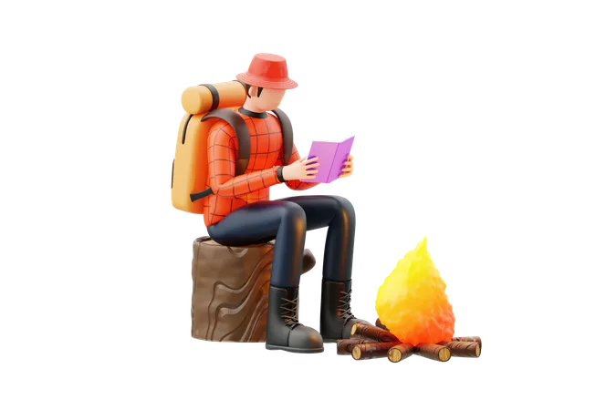 Hombre leyendo un libro junto a la fogata  3D Illustration