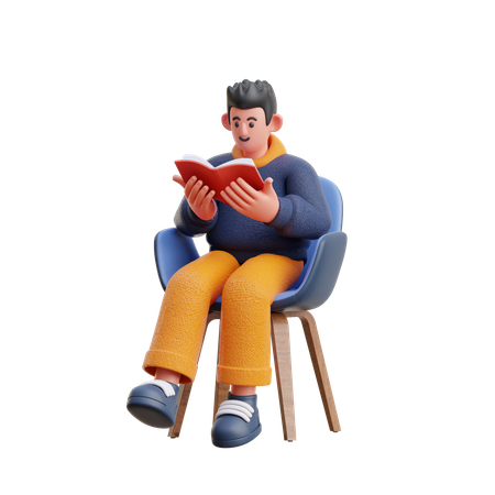 Hombre leyendo un libro mientras está sentado en una silla  3D Illustration