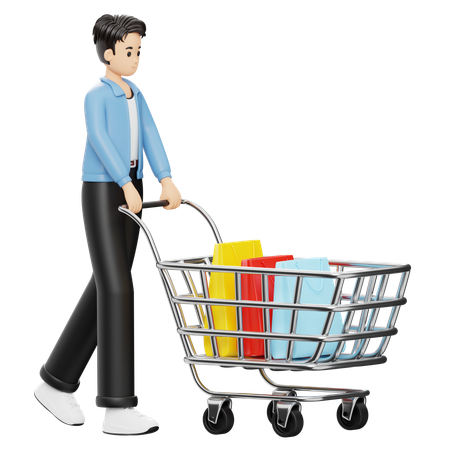 Hombre llevando bolsas en el carrito  3D Illustration