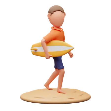 Hombre que lleva una tabla de surf  3D Illustration