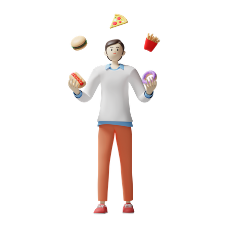 Hombre haciendo malabarismos con comida rápida  3D Illustration