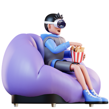 Hombre viendo realidad virtual mientras come papas fritas  3D Illustration