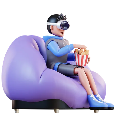 Hombre viendo realidad virtual mientras come papas fritas  3D Illustration