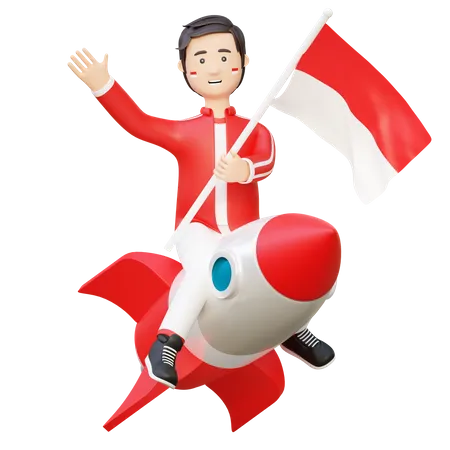 Hombre montando cohete con bandera de indonesia  3D Illustration