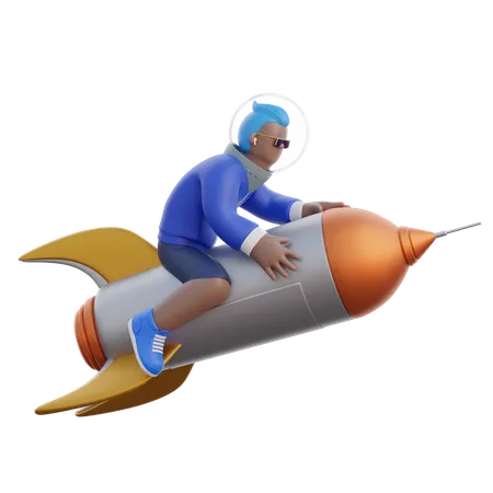 Hombre 3 D Montando Un Cohete 3D Illustration