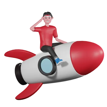 Personaje 3 D Del Hombre De Indonesia Montando Un Cohete Y Saludando 3D Illustration