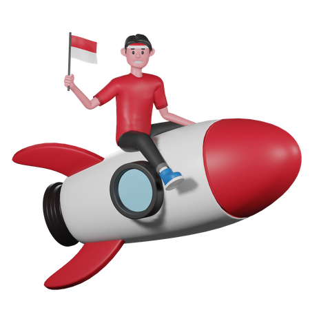 Hombre montando cohete y sosteniendo la bandera de indonesia  3D Illustration