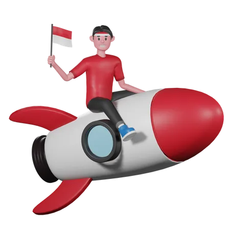Personaje 3 D Del Hombre De Indonesia Montando Cohetes Y Sosteniendo La Bandera De Indonesia 3D Illustration