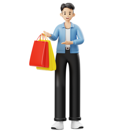 Hombre mostrando bolsas de compras  3D Illustration