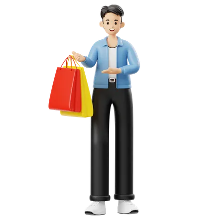 Hombre mostrando bolsas de compras  3D Illustration