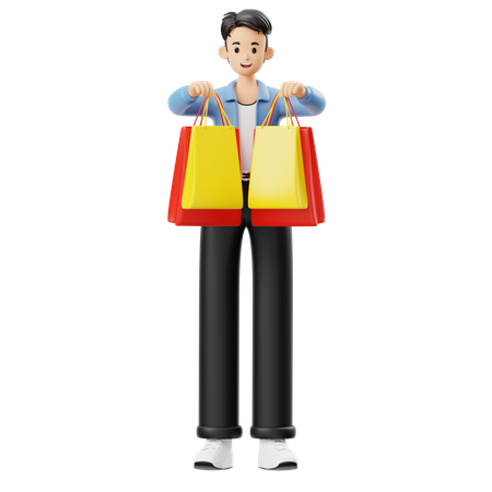 Hombre mostrando bolsas de compras con dos manos  3D Illustration