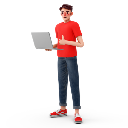 Hombre mostrando los pulgares hacia arriba mientras usa la computadora portátil  3D Illustration