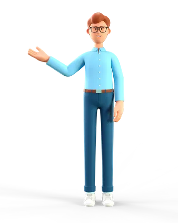 Ilustracion 3 D De Un Hombre Sonriente De Pie Mostrando La Mano En Direccion Retrato De Un Hombre De Negocios Feliz De Dibujos Animados Con Anteojos Y Camisa Azul 3D Illustration
