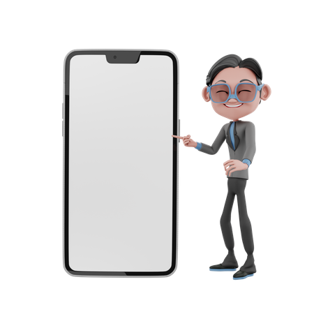 Hombre mostrando la pantalla del móvil en blanco  3D Illustration