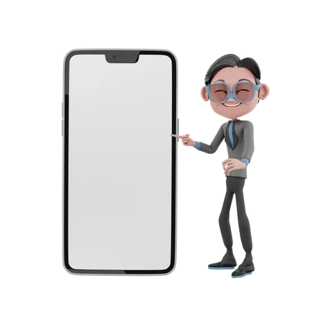 Hombre mostrando la pantalla del móvil en blanco  3D Illustration