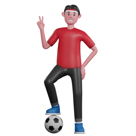 Hombre mostrando el signo de la victoria y la pelota  3D Illustration