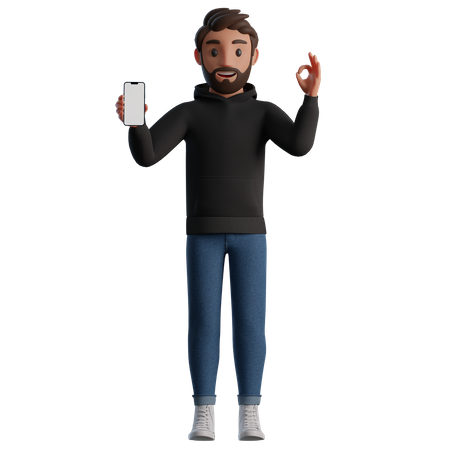 Hombre mostrando un teléfono inteligente con pantalla en blanco y gesto OK  3D Illustration