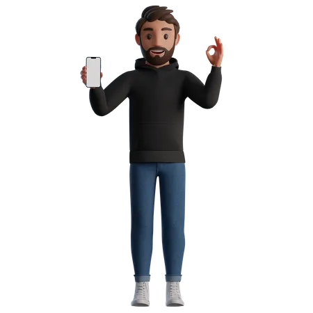 Hombre mostrando un teléfono inteligente con pantalla en blanco y gesto OK  3D Illustration