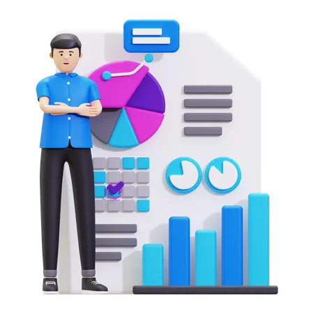 El hombre muestra los resultados del informe de datos  3D Illustration