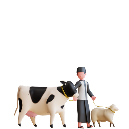 Hombre musulmán haciendo cuidado de vacas y ovejas  3D Illustration