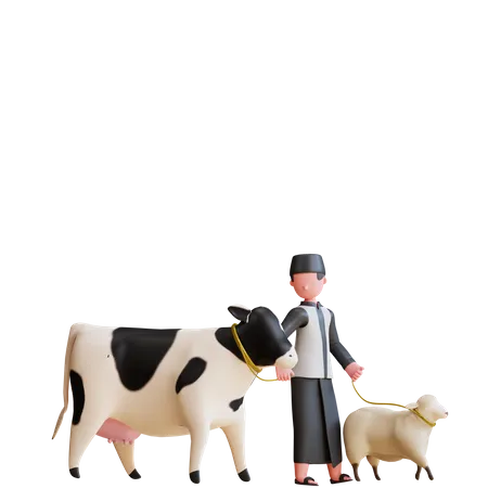 Hombre musulmán haciendo cuidado de vacas y ovejas  3D Illustration