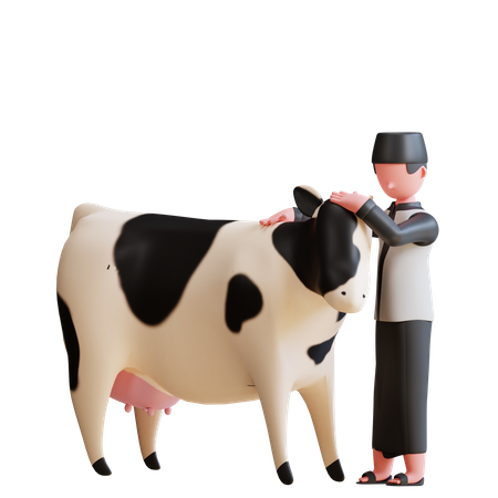 Hombre musulmán haciendo cuidado de vacas  3D Illustration