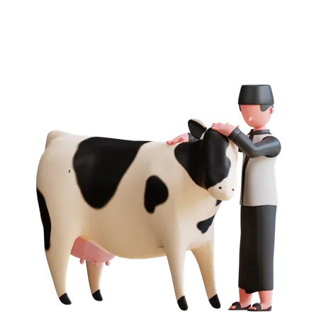 Hombre musulmán haciendo cuidado de vacas  3D Illustration