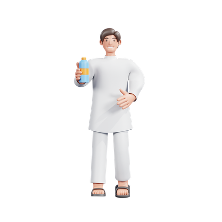 Hombre musulmán mostrando el agua de Zam Zam  3D Illustration