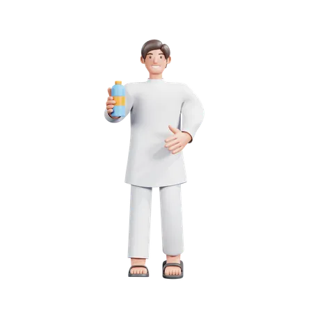 Hombre musulmán mostrando el agua de Zam Zam  3D Illustration