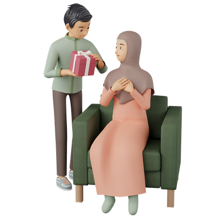 Hombre musulmán presentando un regalo a su esposa  3D Illustration