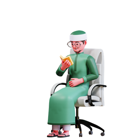 Hombre musulmán sentado en una silla mientras lee el Corán  3D Illustration